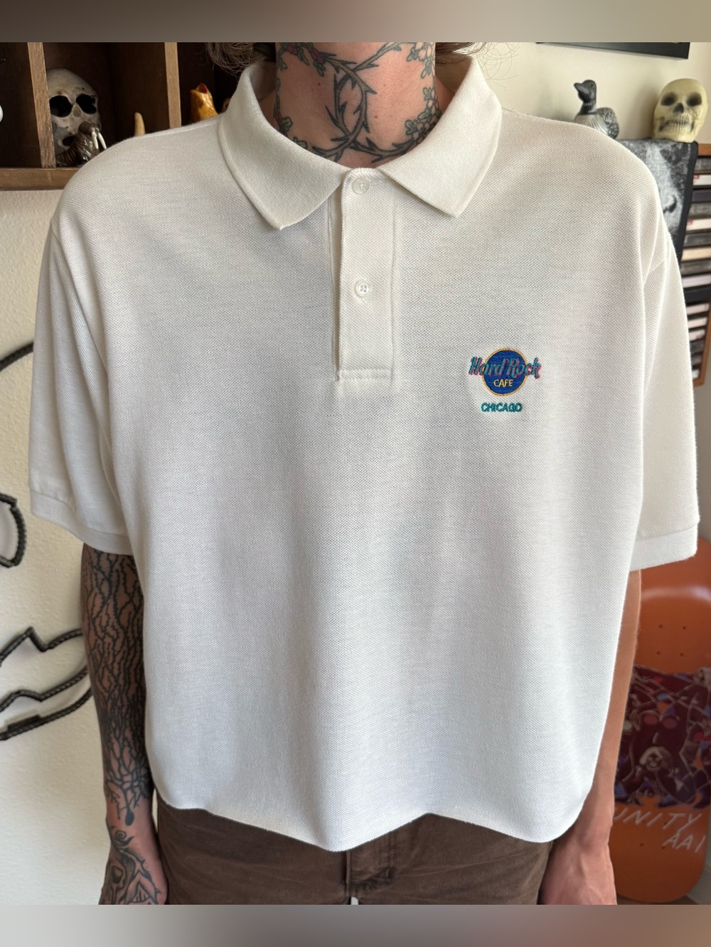 Vintage 90s Hard Rock Cafe Chicago Cropped Boxy White Polo ~ Size XL